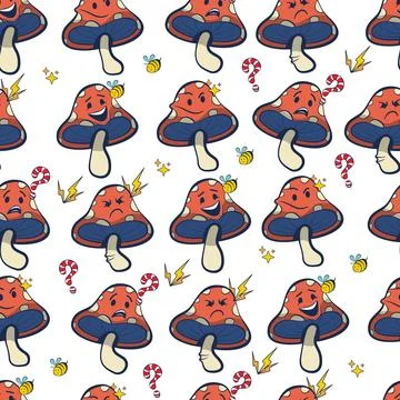 Seamless pattern with retro groovy mushroom cartoon characters and decorative Ilustración de archivo