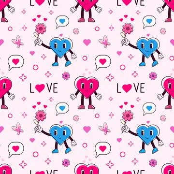 Seamless pattern  with retro groovy pink and blue hearts characters. Stock Illustration