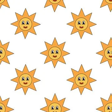 Seamless Pattern with Retro Groovy Sun smiling. Cartoon summer background Stock Illustration