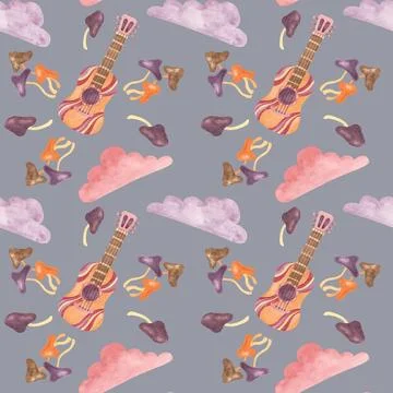 Seamless pattern retro guitar, audio tape, clouds and mushrooms. Vintage hippie Stockillustratie
