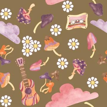 Seamless pattern retro guitar, audio tape, clouds and mushrooms. Vintage hippie Stock Illustration