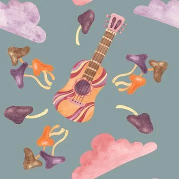 Seamless pattern retro guitar, audio tape, clouds and mushrooms. Vintage hippie Stockillustratie