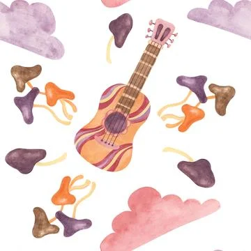 Seamless pattern retro guitar, audio tape, clouds and mushrooms. Vintage hippie イラスト素材