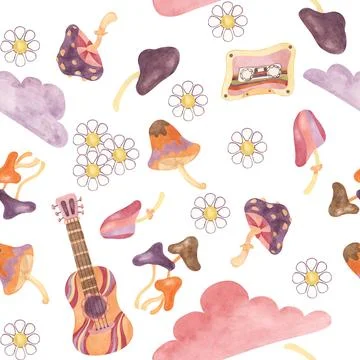 Seamless pattern retro guitar, audio tape, clouds and mushrooms. Vintage hippie イラスト素材