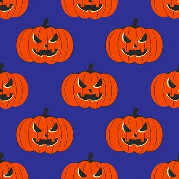 Seamless pattern. Retro Halloween. Pumpkin on blue background Stock Illustration