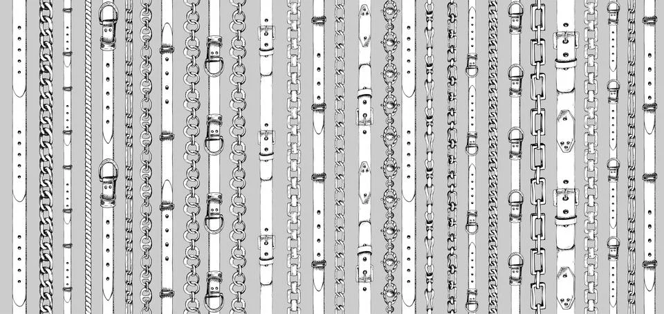 Seamless pattern with retro hand-drawn sketch belts, chain Stock Illustration