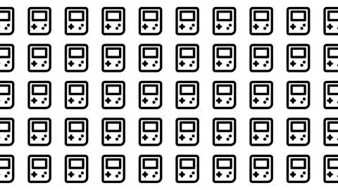 Seamless pattern of retro handheld game console icons in black and white mi.. Illustrazione stock
