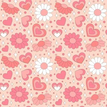 Seamless pattern with retro hearts and sparkles. Vector illustration. Stockillustratie