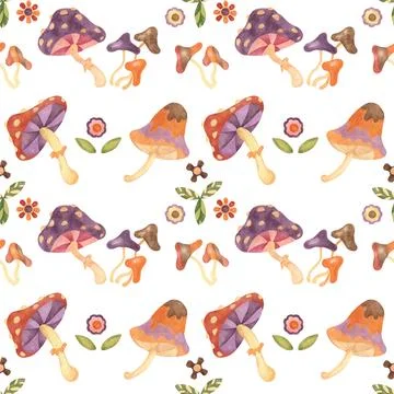 Seamless pattern with retro mushrooms and flowers in watercolor. Vintage hippie Stock Illustration
