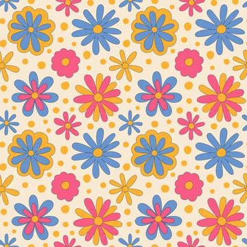 Seamless pattern with retro psychedelic daisy flowers. Stock Illustration
