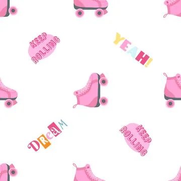 Seamless pattern with retro roller skates in cartoon style. Classic 80s 90s f Stock Illustration