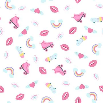 Seamless pattern with retro roller skates, lips, rainbow, heart with wings, m Stock Illustration
