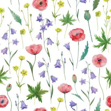 Seamless pattern in retro rustic style with watercolor meadow flowers. 库存插图