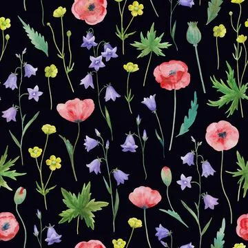 Seamless pattern in retro rustic style with watercolor meadow flowers. イラスト素材