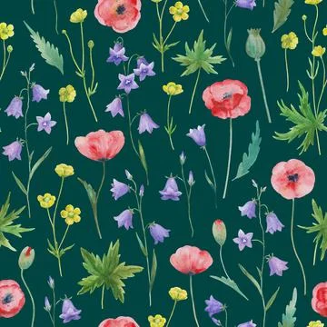 Seamless pattern in retro rustic style with watercolor meadow flowers. イラスト素材