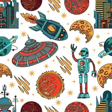 Seamless pattern with retro space objects Stock Illustration