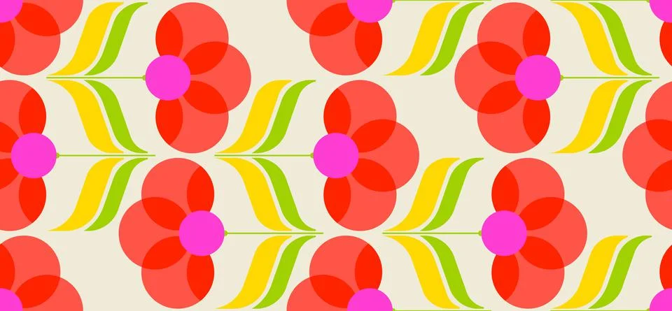 Seamless pattern in retro style flowers geometric shapes Stock Illustration