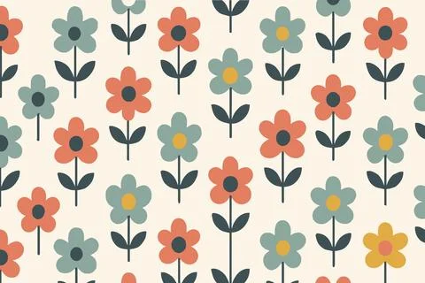 Seamless pattern of retro style flowers in coral teal and gold Stock Illustration