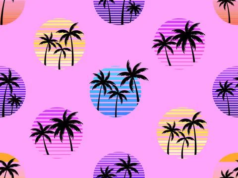 Seamless pattern with retro sun and palm trees in 80s style. Palm trees at su 스톡 일러스트