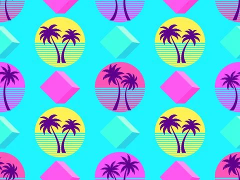 Seamless pattern with retro sun and palm trees in 80s style. Palm trees at .. Illustrazione stock