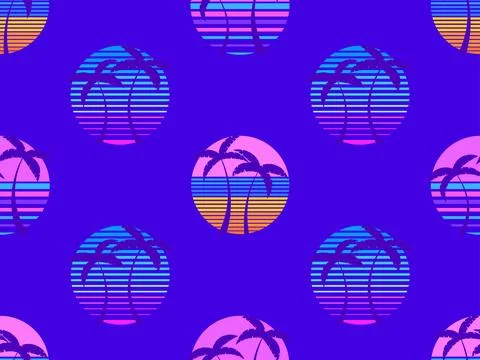 Seamless pattern with retro sun with palm trees 80s style. Silhouettes of p.. Stock Illustration