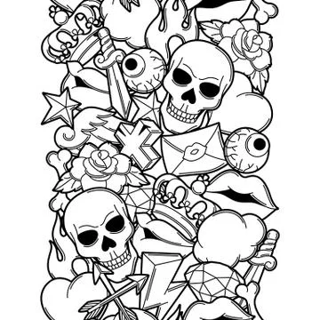 Seamless pattern with retro tattoo symbols. Cartoon old school illustration Stock Illustration