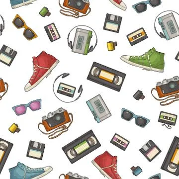 Seamless pattern retro technology object. Vintage vector color engraving illu Illustrazione stock