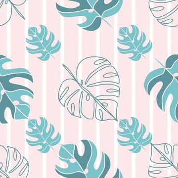 Seamless pattern retro tropical leaves on white pink stripes Stock Illustration