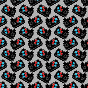 Seamless pattern with retro video game controllers on a dark, black backgro.. Stock Illustration