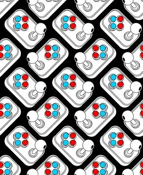 Seamless pattern with retro video game controllers featuring a white outlin.. Stock Illustration