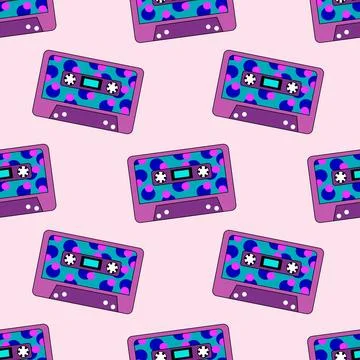 Seamless Pattern. Retro vintage audio music cassette with magnetic tape Stock Illustration
