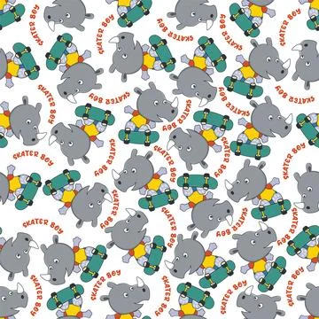 Seamless pattern with rhino on skate board, For fabric textile, nursery, Stock Illustration