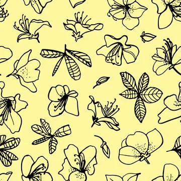 Seamless pattern of rhododendron linear on a yellow background Illustrazione stock