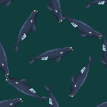Seamless pattern right whale on green background. Template of cartoon charact Stock Illustration