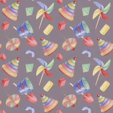 Seamless pattern with ring tower, toys, pencils, pinwheel fan in watercolor Stock Illustration