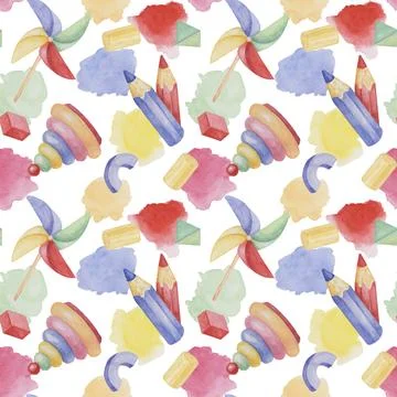 Seamless pattern with ring tower, toys, pencils, pinwheel fan in watercolor Stock Illustration