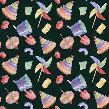 Seamless pattern with ring tower, toys, pencils, pinwheel fan in watercolor Stock Illustration