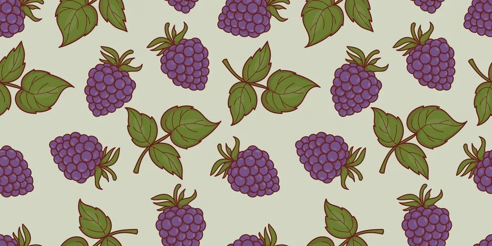 Seamless Pattern with Ripe Blackberries and Leaves on Sage Green Background.. Stock Illustration