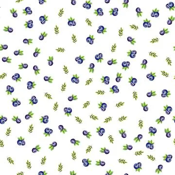 Seamless pattern with ripe blueberries on white isolated background. Watercolor Illustrazione stock