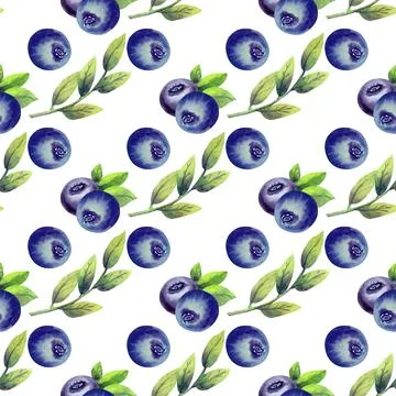 Seamless pattern with ripe blueberries on white isolated background. Watercolor Stock Illustration