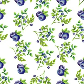 Seamless pattern with ripe blueberries on white isolated background. Watercolor Stock Illustration