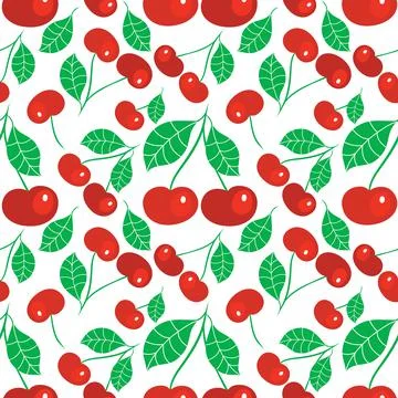 Seamless pattern ripe cherries on a branch with a leaf. Design for fabric, te Stock Illustration
