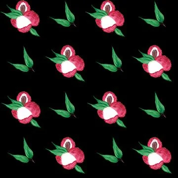 Seamless pattern with ripe lychee berries, exotic tropical fruits on a black Stock Illustration