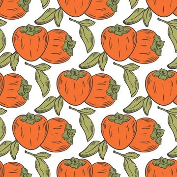 Seamless pattern of ripe orange fruits with green leaves, hand drawn Stock Illustration