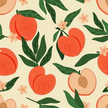 Seamless pattern with ripe peaches and green leaves  Stock Illustration
