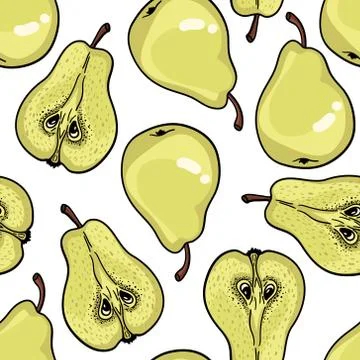 Seamless pattern with ripe pears. Stylized hand drawn vector. Stock Illustration