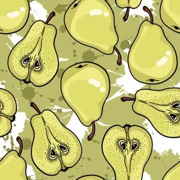 Seamless pattern with ripe pears. Stylized hand drawn vector. Stock Illustration