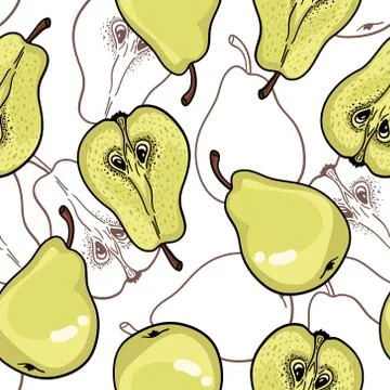 Seamless pattern with ripe pears. Stylized hand drawn vector. Stock Illustration