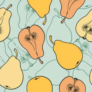 Seamless pattern with ripe pears. Stylized hand drawn vector. Stock Illustration