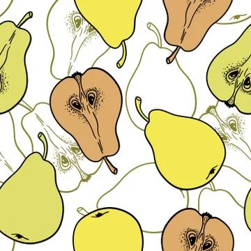 Seamless pattern with ripe pears. Stylized hand drawn vector. Stock Illustration